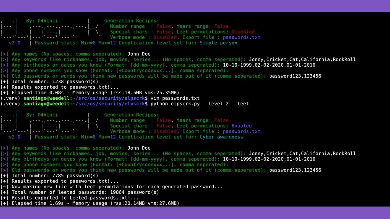 Profiling users to generate passwords with elpscrk (el password cracker)