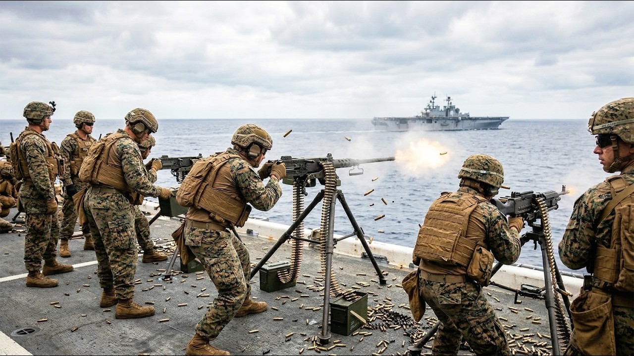 Новые кадры! Морские пехотинцы США проводят учения с боевой стрельбой из пулемета на борту десант...