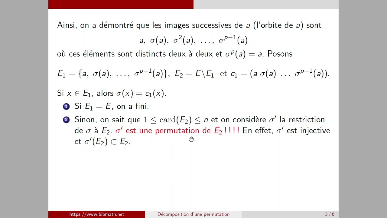 Th&eacute;or&egrave;me de d&eacute;composition d'une permutation en produit de cycles &agrave; supports disjoints