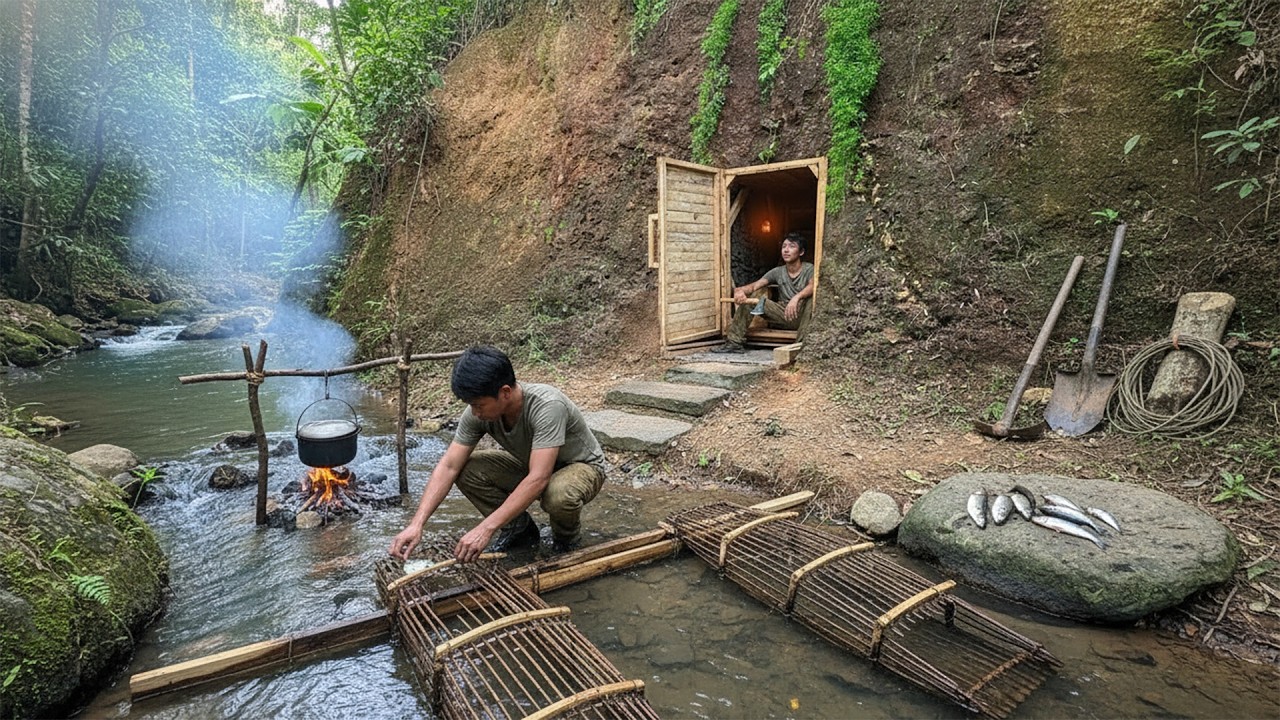 Building a Hidden Underground Shelter | Fish Trap Setup, Catch and Cook Adventure