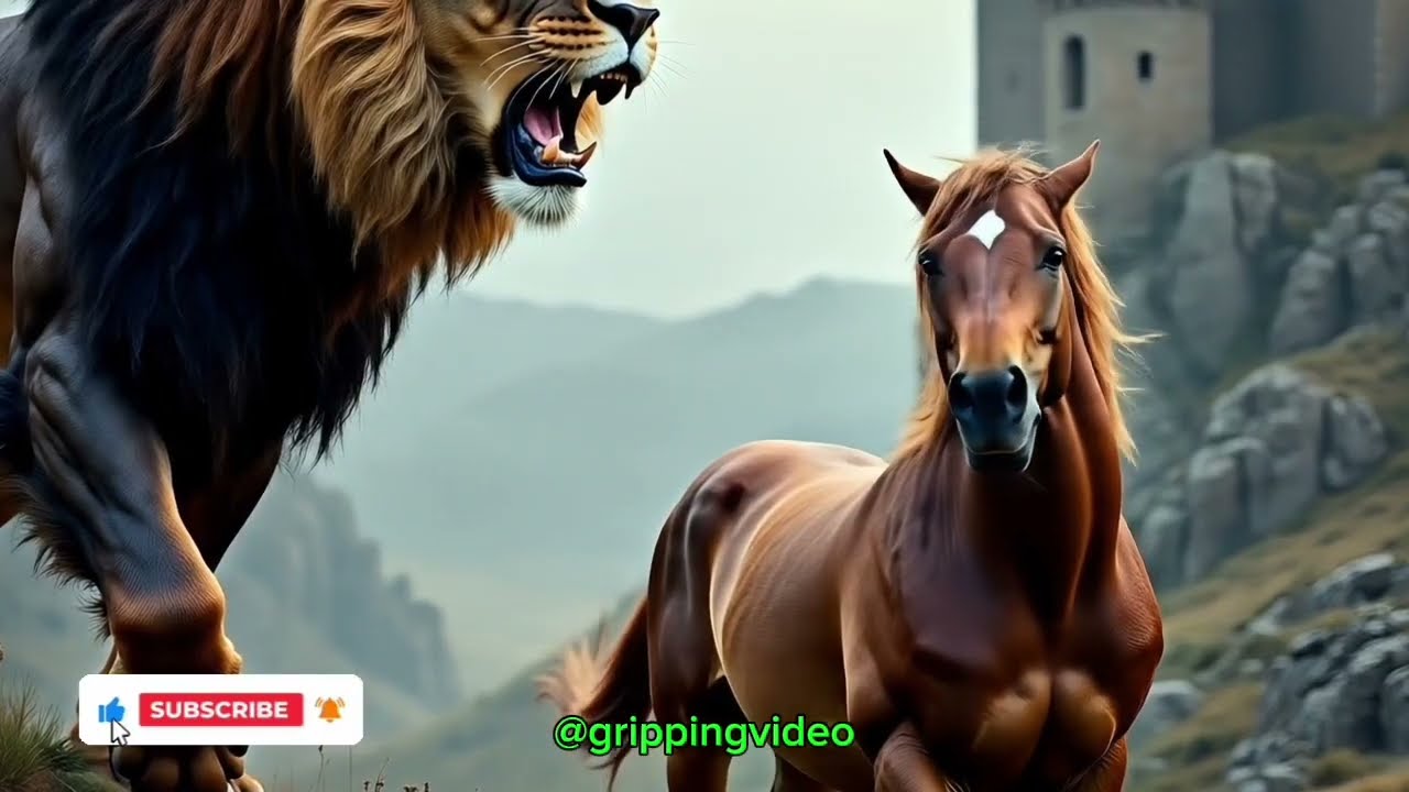 lion chasing wild horse,