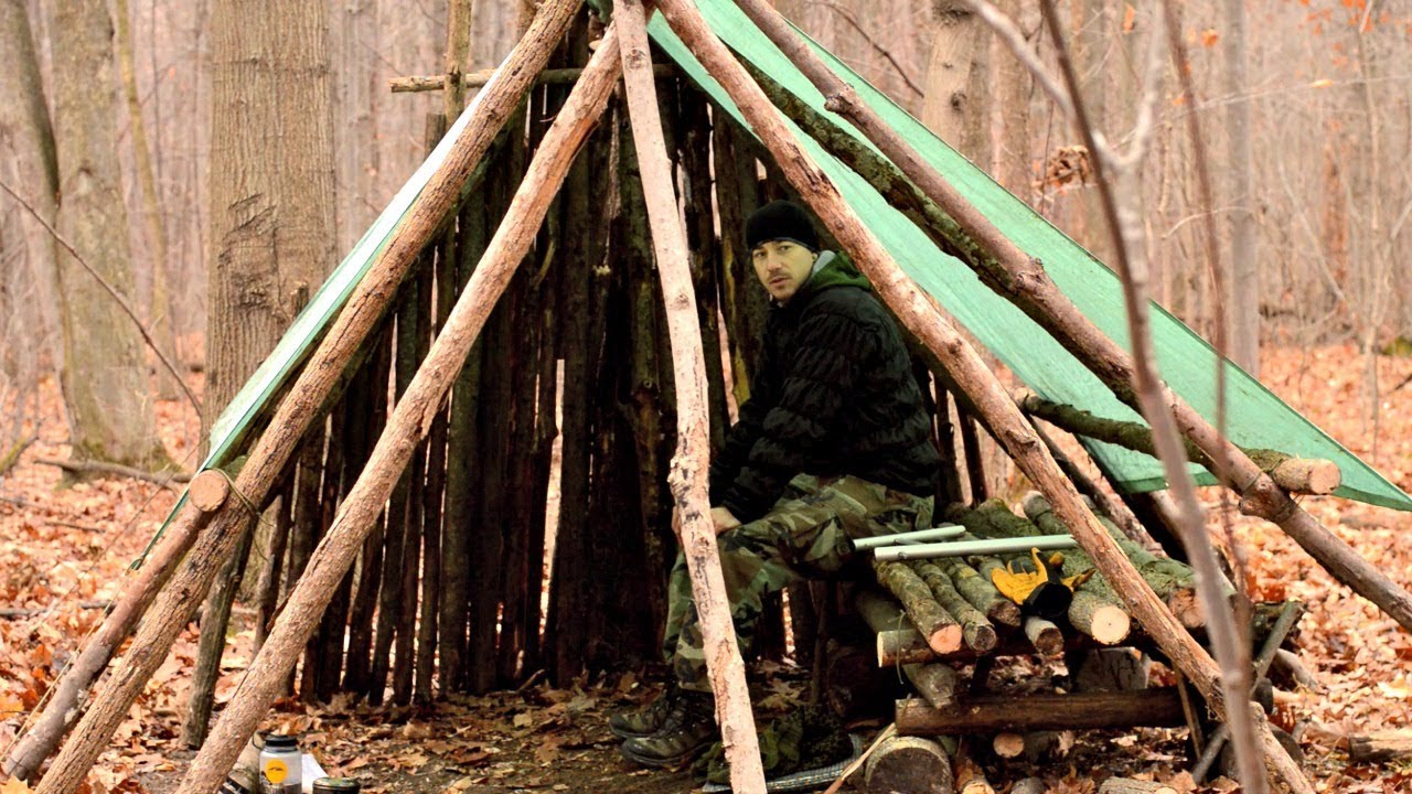HD Bushcraft Video-Building a Large Semi-Permanent Shelter, Outdoor Cooking
