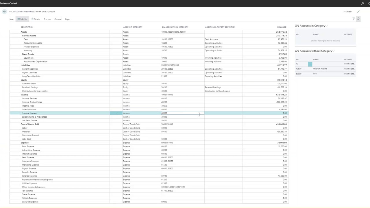 Adding GL Account Categories inside of Business Central