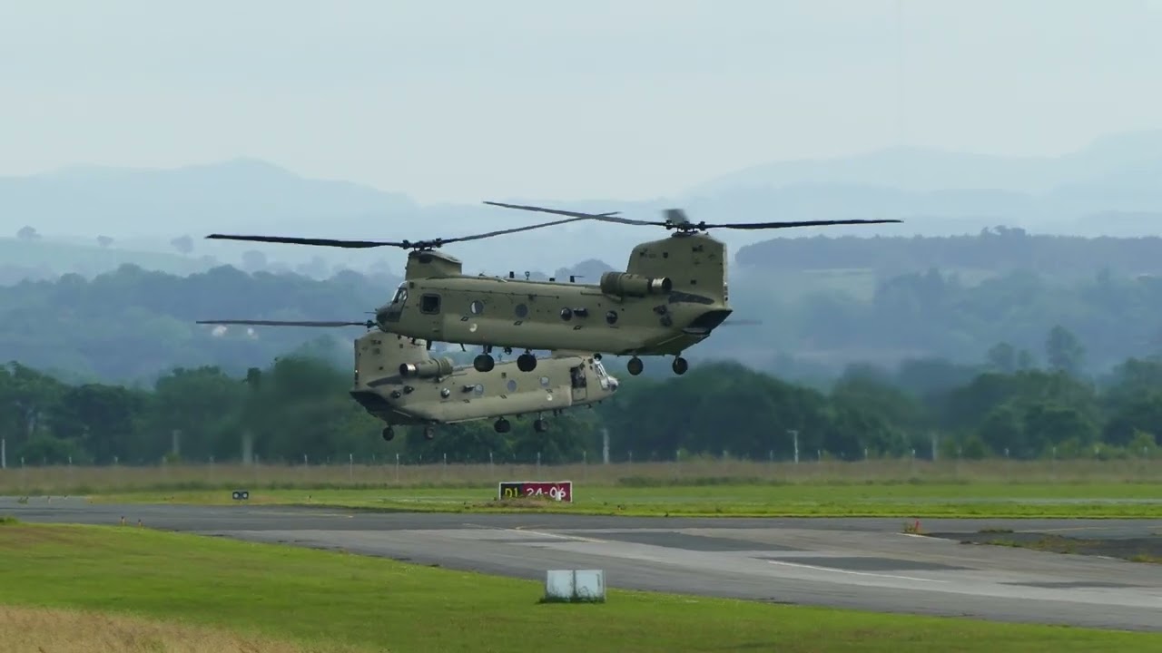 Dutch Air Force Chinooks taking off from Carlisle Airport on a training mission 20/06/2024