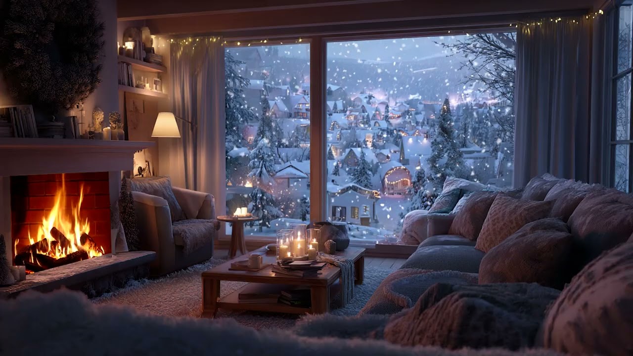 Peaceful Snowfall Cabin Piano Night | Fireplace Warmth for Relaxation