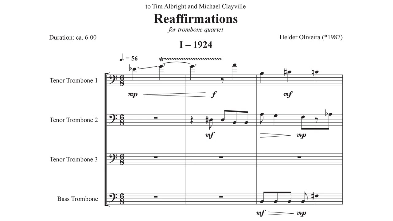 Reaffirmations (2024), for trombone quartet, by Helder Oliveira