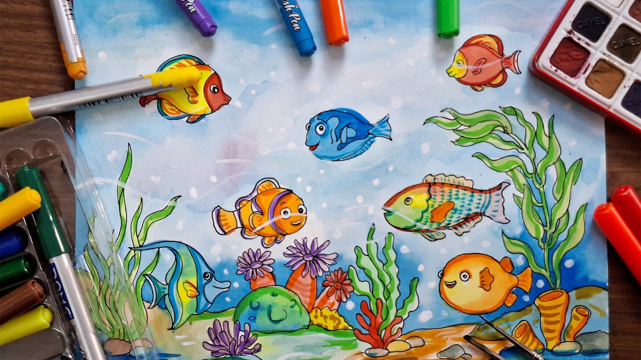How To Paint Sea With Colorful Fishes and Sea Plants | Easy Ocean Painting | Beautiful Sea Painting