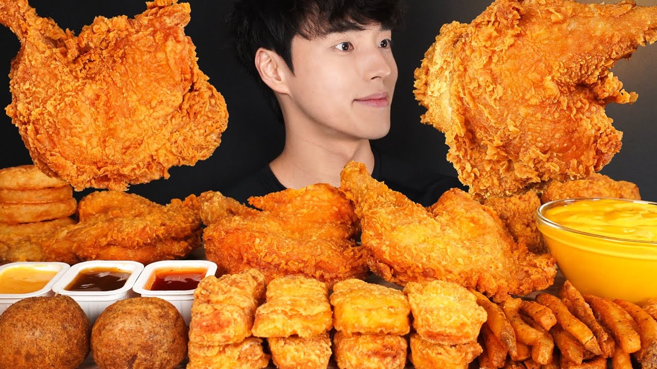 ASMR MUKBANG FRIED CHICKEN & CHICKEN NUGGETS & FRENCH FRIES & CHICKEN WRAP & ONION RINGS