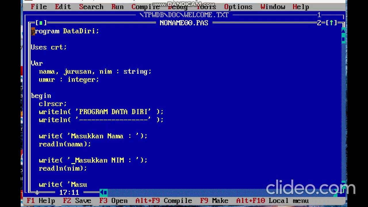 Membuat Coding Data Diri menggunakan turbo Pascal