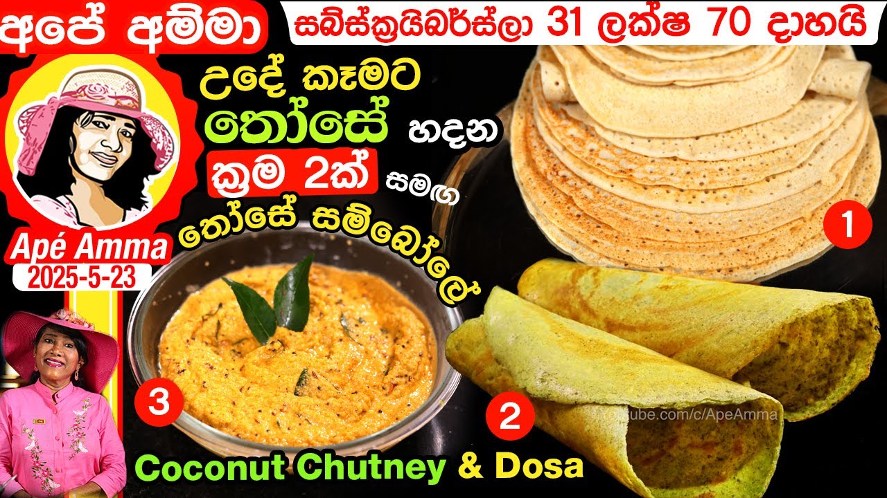 ✔අපේ අම්මා උදේ කෑමට තෝසේ හදන ක්‍රම 2ක් සමඟ තෝසේ සම්බෝලේ Breakfast Dosa's & Coconut Chutney Apé Amma