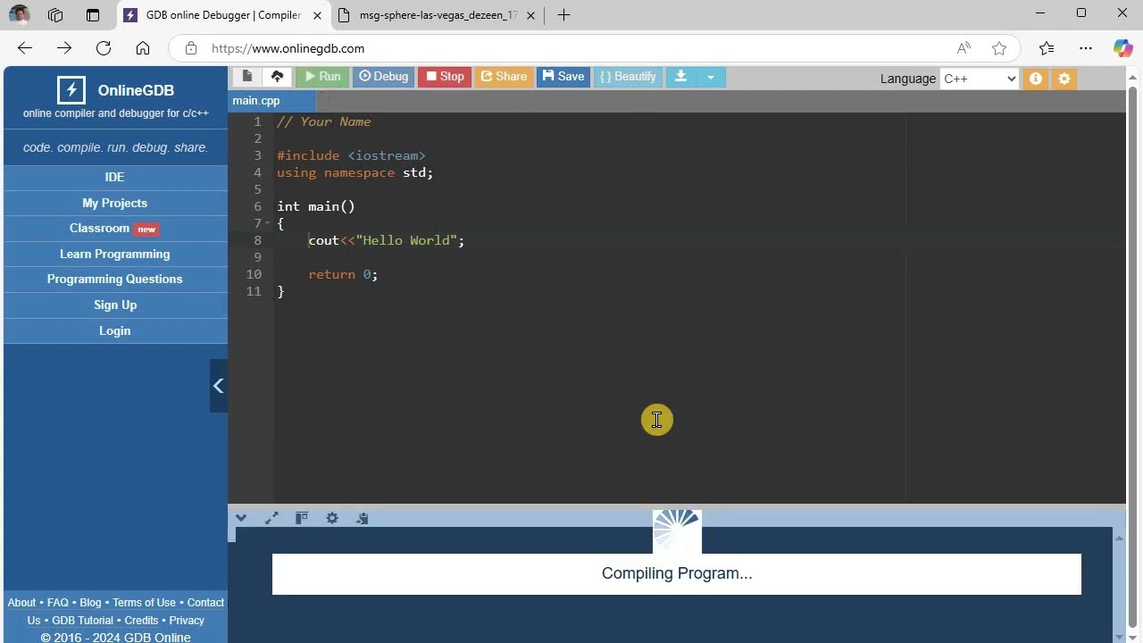 C++ Hello World с использованием onlinegdb