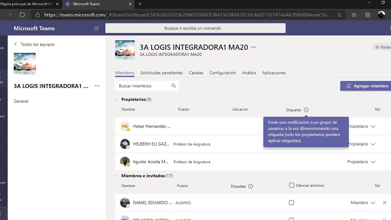 Miembros y Lista de Alumnos en Teams UTM