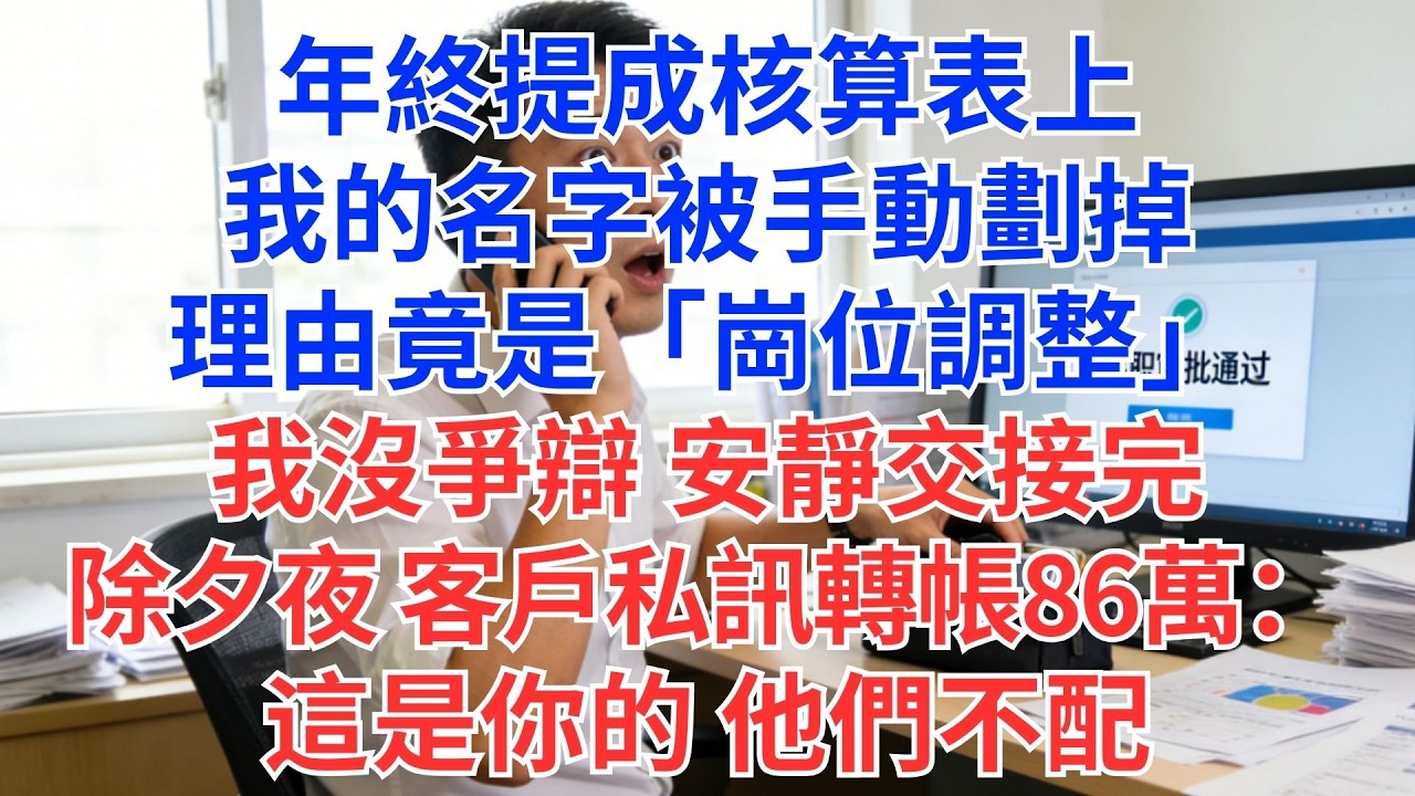 年終提成名單，我被手動劃掉？理由：「崗位調整」。我沒吵，除夕夜客戶轉86萬：「他們不配，這是你的！」#為人處世#生活經驗#情感故事#职场