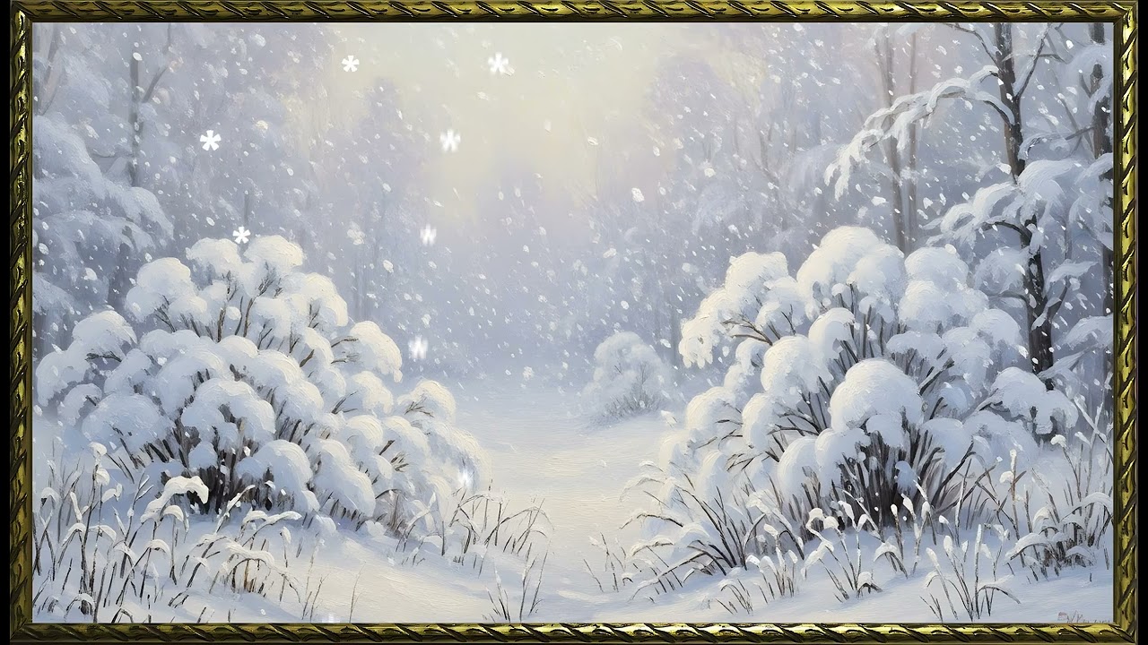 Snowbound Mountain Whisper Painting| Gold Frame TV Art | Art Screensaver for TV | Wall Art