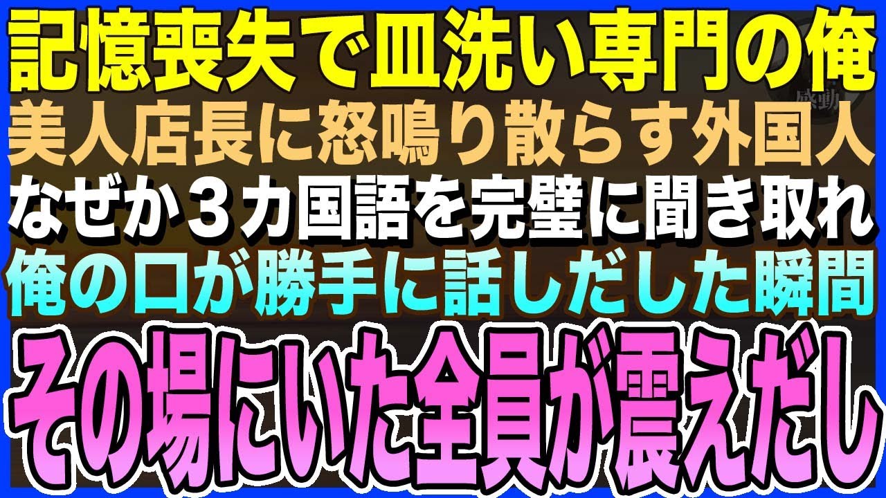 【感動する話】記憶を失い皿洗い専門の俺。ある日、美人店長に怒鳴り散らす外国人に、俺が割って入るとなぜか３カ国語を完璧に聞き取れ流暢に通訳すると…その場にいた全員が震えだし【泣ける話・いい話・朗読】