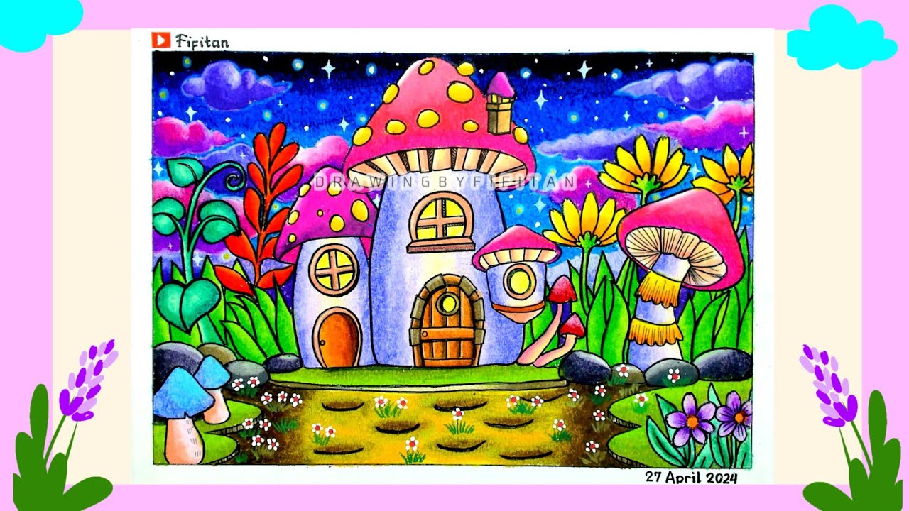Cara Gambar Pemandangan Rumah Jamur saat malam hari ( Gradasi warna ep 521 )