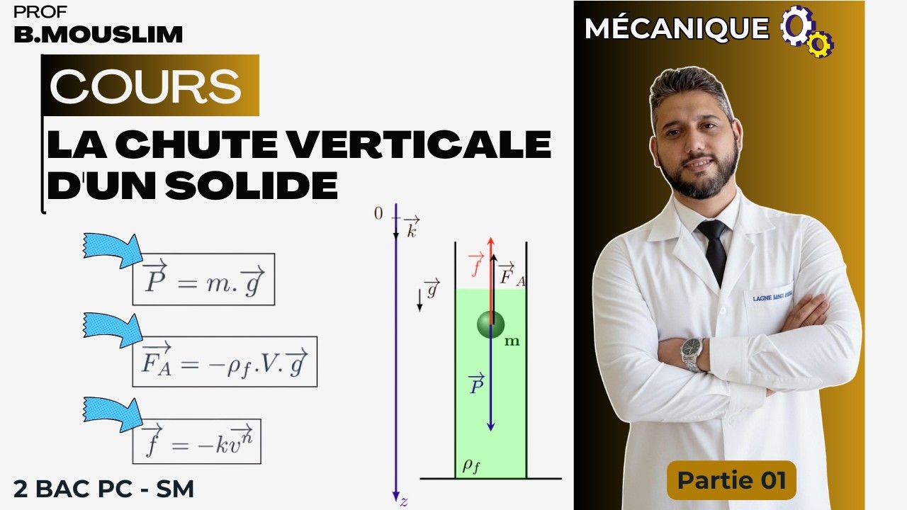 Cours🔸La chute verticale d'un solide🔸Poussée d’Archimède + Force de frottement fluide🔸Partie 1🔸2 BAC