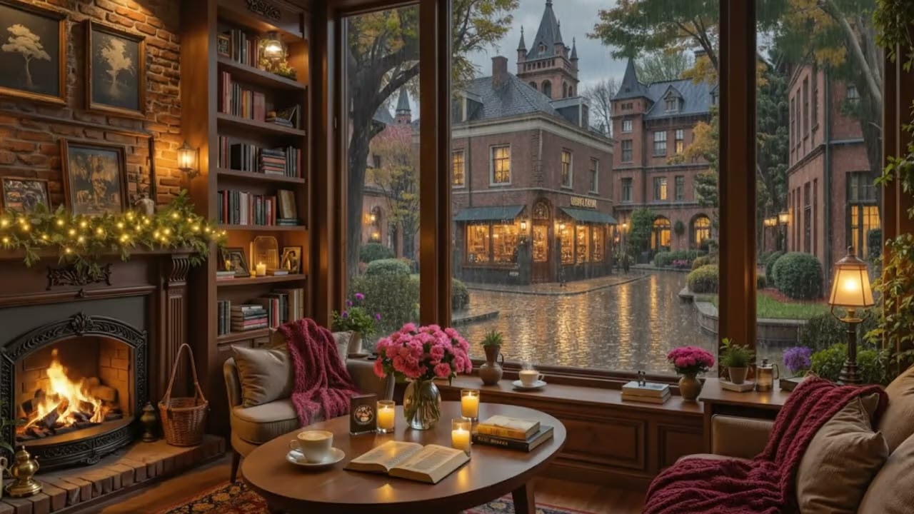 Rainy Coffee Shop ☕ Calm Jazz & Fireplace Study