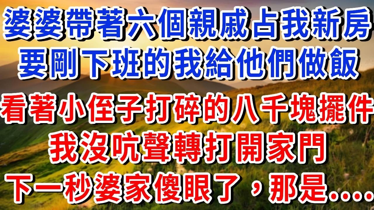 婆婆帶著六個親戚占我新房，還要剛下班的我給他們做飯，看著被小侄子打碎的8000塊貴族擺件，我沒吭聲打開家門，下一幕婆婆一家傻眼了，那是....#書婷講故事#為人處世#生活經驗#情感故事