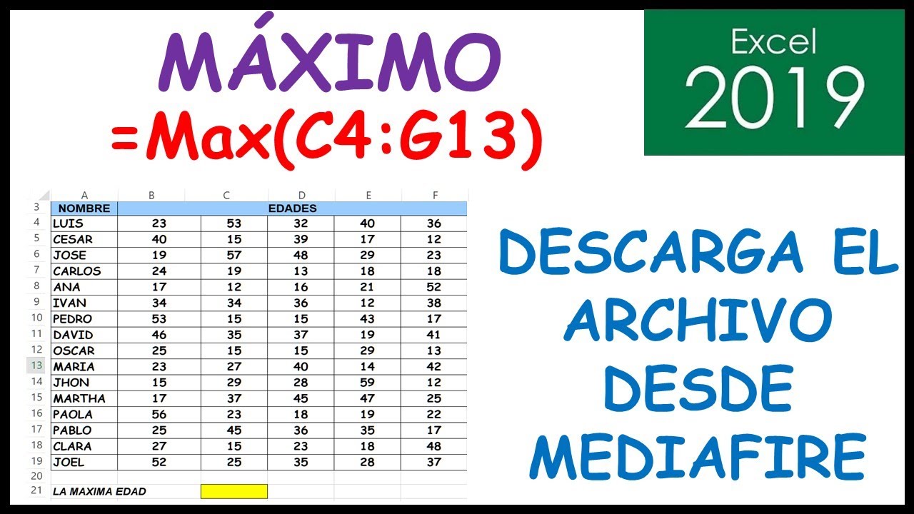 Hallar número mayor dentro de un rango de celdas con función MAX en Excel 2016 (FORMULA DE EXCEL 10)