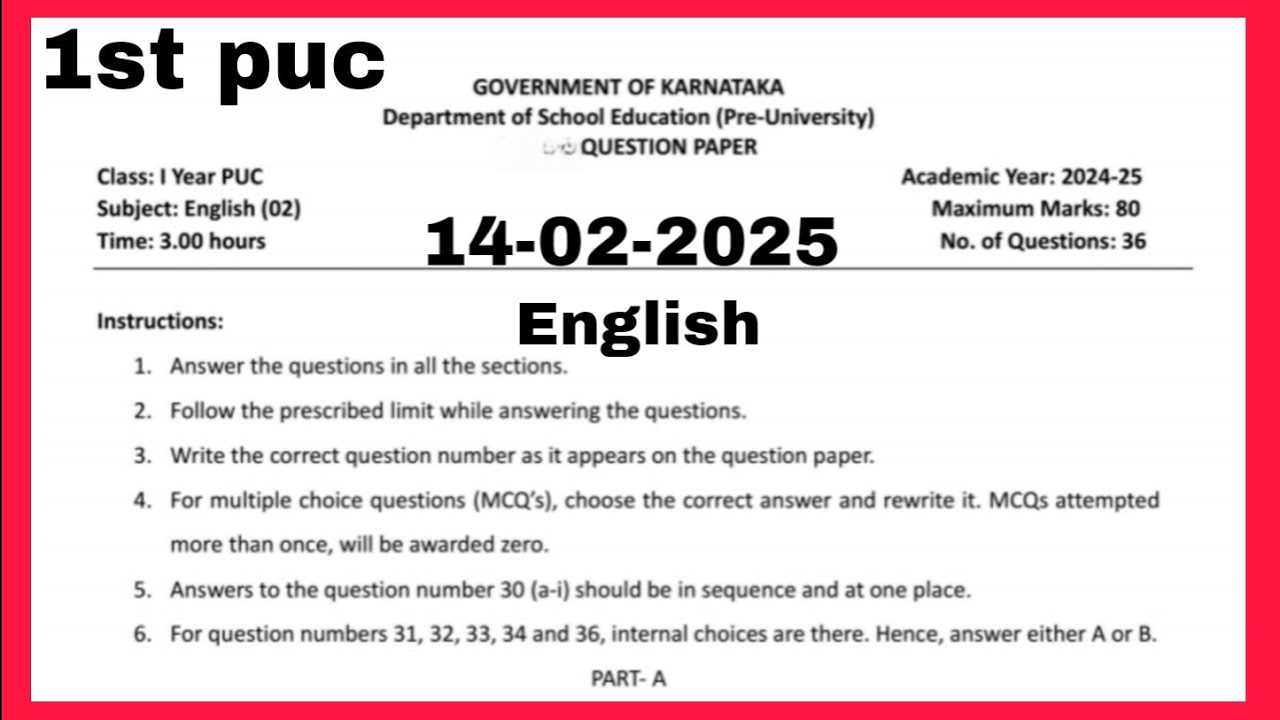 1st puc English Question paper 2024-25 14.02.2024. Final Exam question paper 📜🗞️