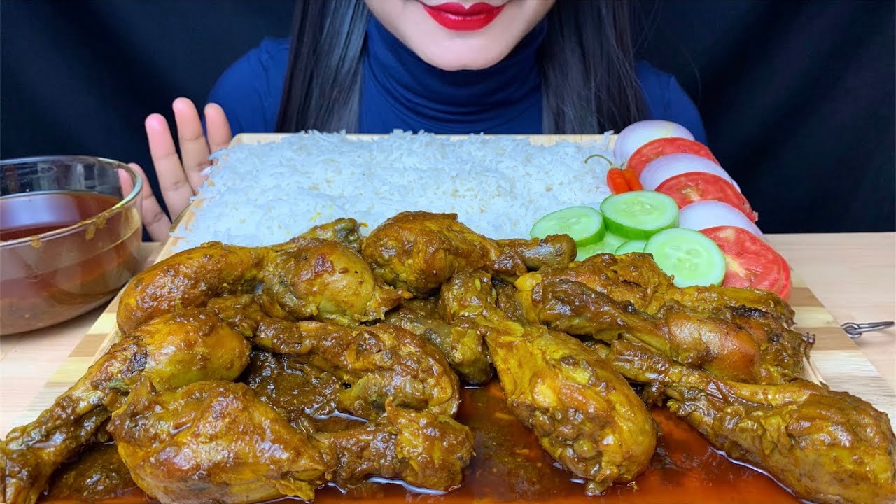 EATING SPICY CHICKEN LEG CURRY WITH BASMATI RICE, CHICKEN LEG PIECE || MUKBANG(REAL EATING SOUNDS)