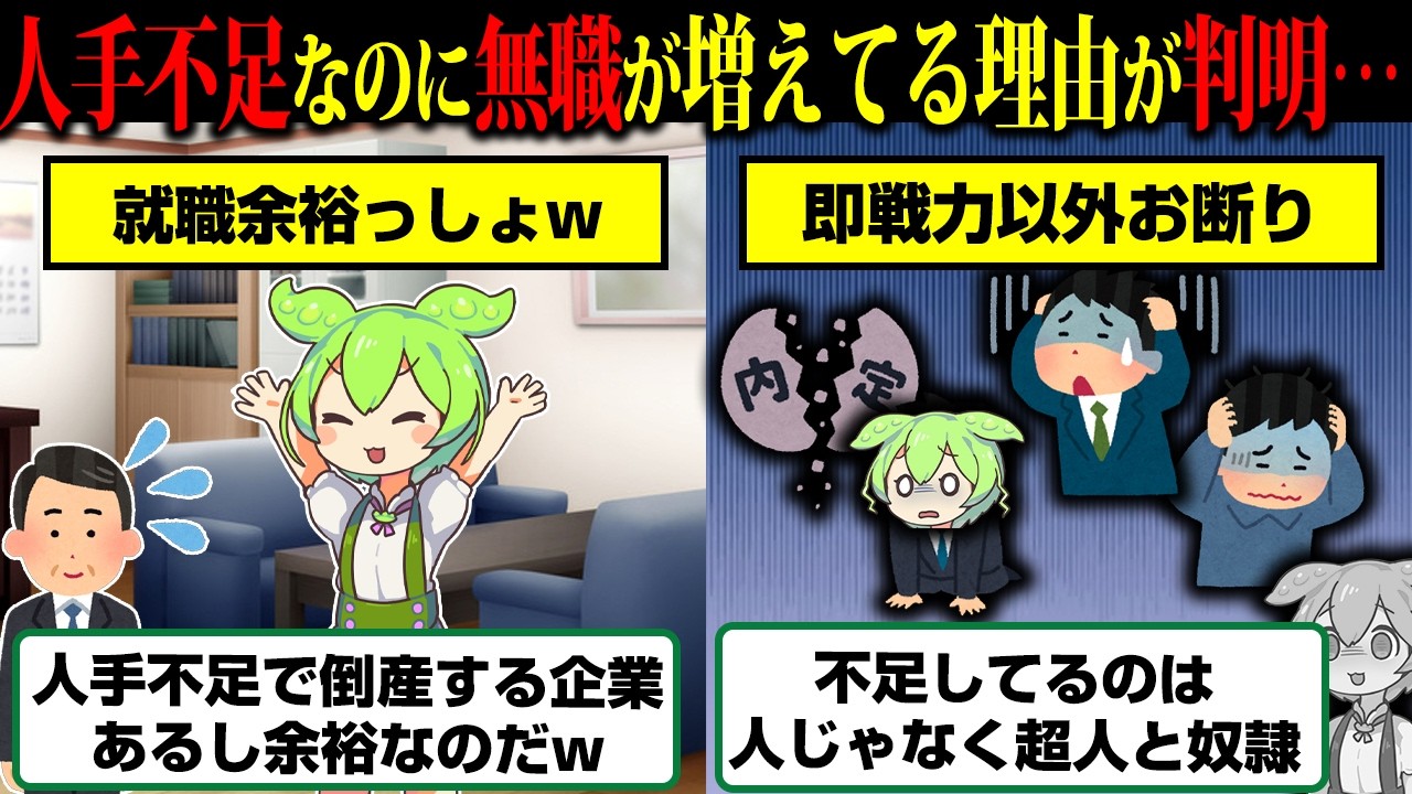 【悲報】日本さん、人手不足なのに何故か無職が爆増してしまう…【ずんだもん】