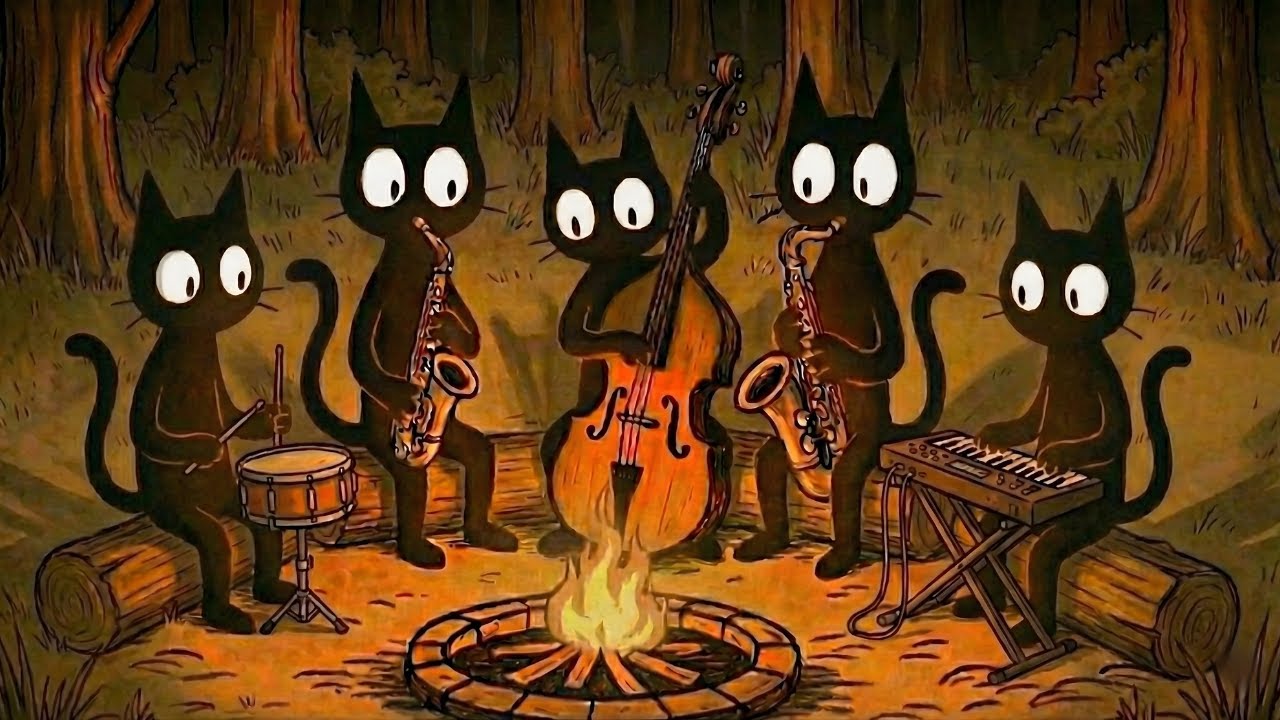 Black Cats Uplifting Jazz & Bonfire | Positive Energy for Work & Focus