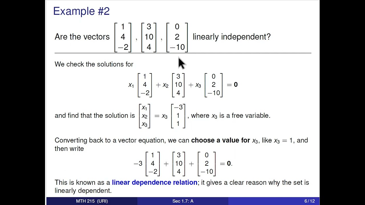 Intro to Linear Algebra - Linearly Independent Sets of Vectors  (Sec 1.7, A)