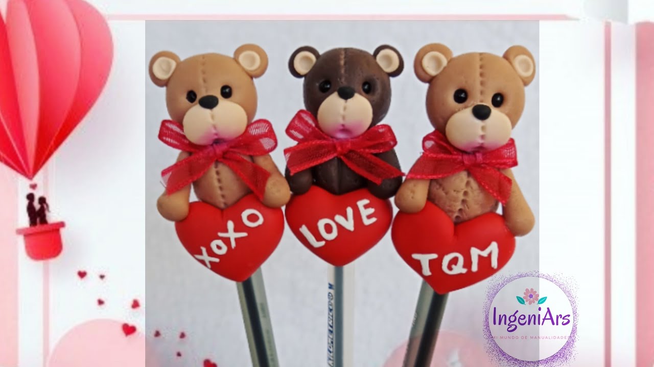 Como decorar lapiceros ositos con pasta flexible para Día de San Valentín, superfacil