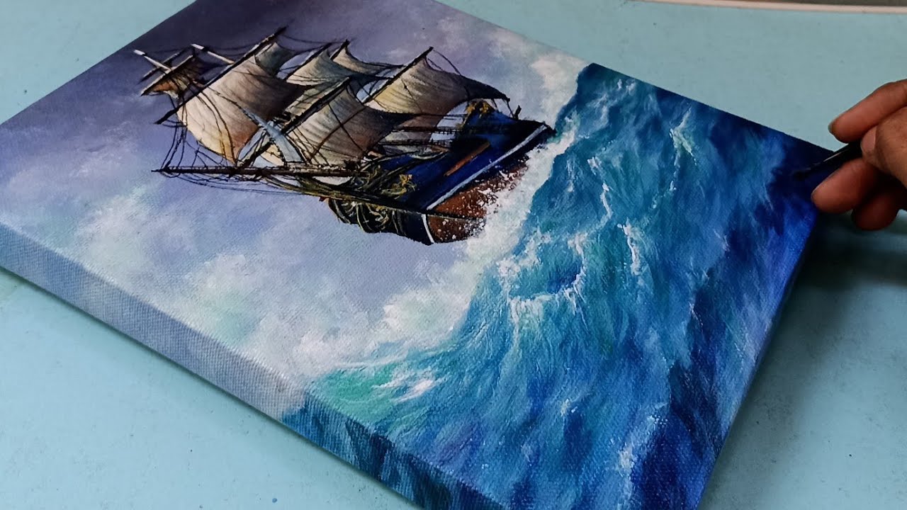 A big ship in sea waves acrylic painting // Seascape painting step by step