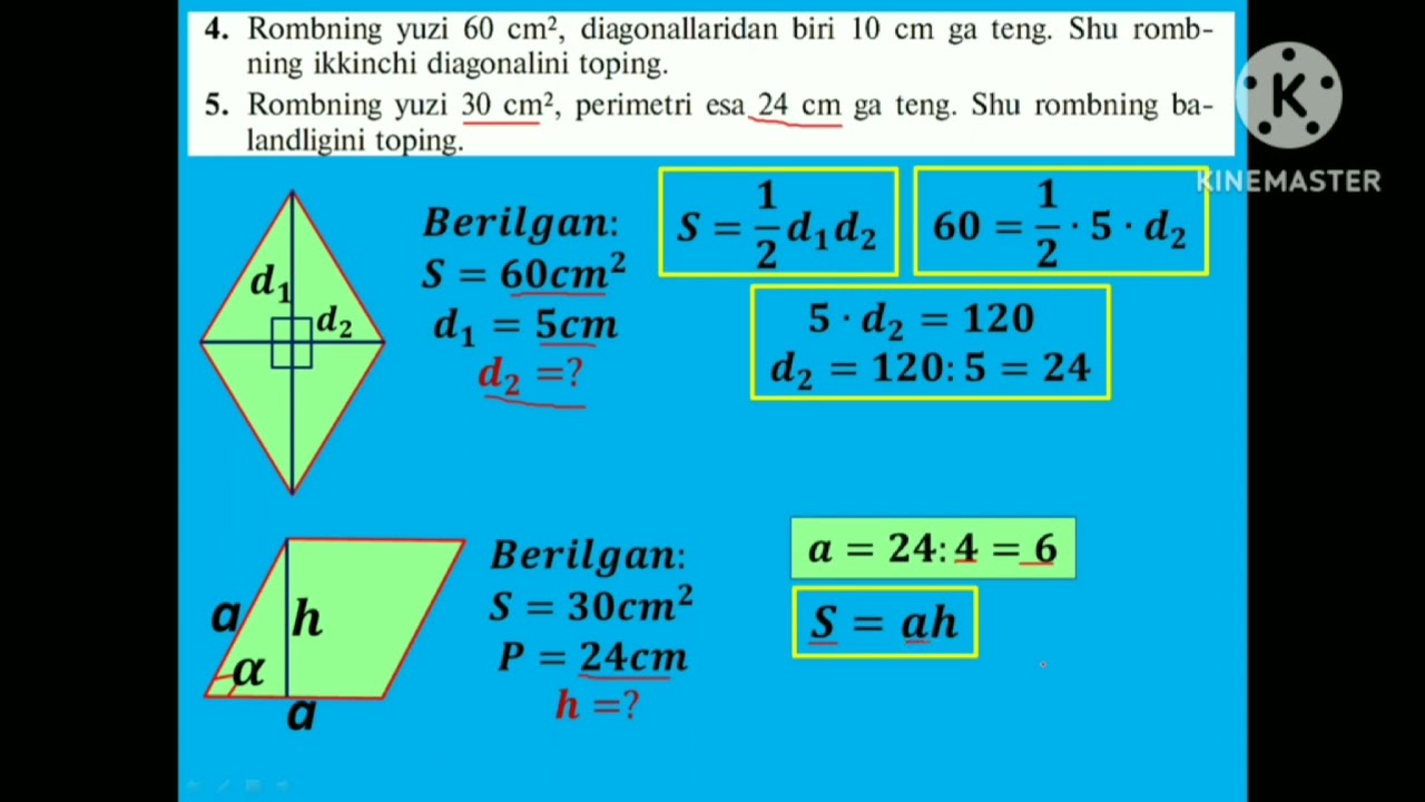 ROMB VA TRAPETSIYANING YUZI. 8-SINF GEOMETRIYA MASALALARNING YECHIMI