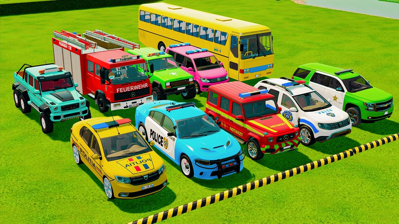 TRANSPORTING POLICE CARS, AMBULANCE & FIRE TRUCK WITH TRAIN | FARMING SIMULATOR 22