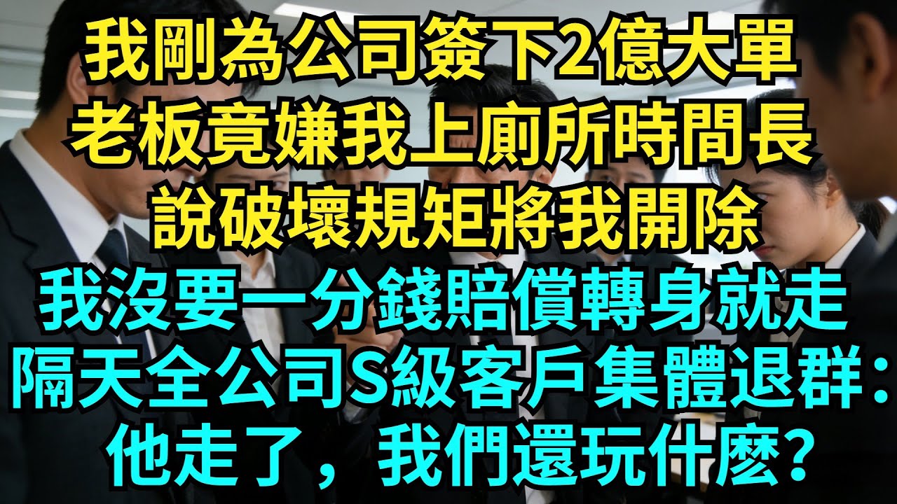 我剛為公司簽下2億大單，老板竟嫌我上廁所時間長，說破壞規矩將我開除，我沒要一分錢賠償轉身就走，隔天全公司的S級客戶集體退群：他走了，我們還玩什麽？【奇聞秘事】#奇聞#秘事#故事 #职场 #职场故事