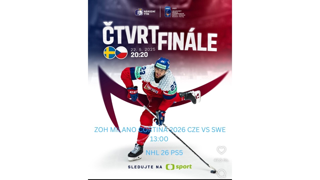 NHL 26 PS5  ZÁPAS ZOH MILANO CORTINA 2026  ČESKO VS ŠVÉDSKO DNESKA BEZ MIKROFONU POUZE OBRAZ