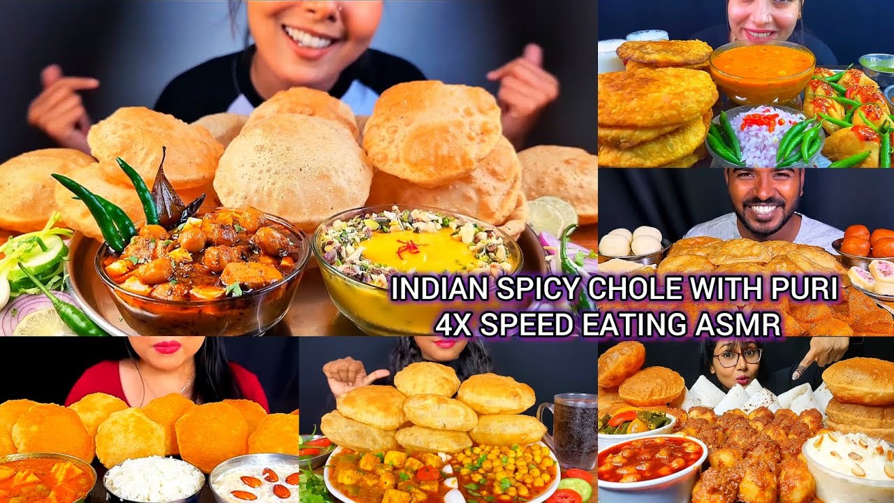 INDIAN FOOD/EATING SPICY DAL PAKWAN,CHOLE,LUCHI/PURI,MATAR PANEER,ALOO DUM,KHEER/BIG BITES/ASMR