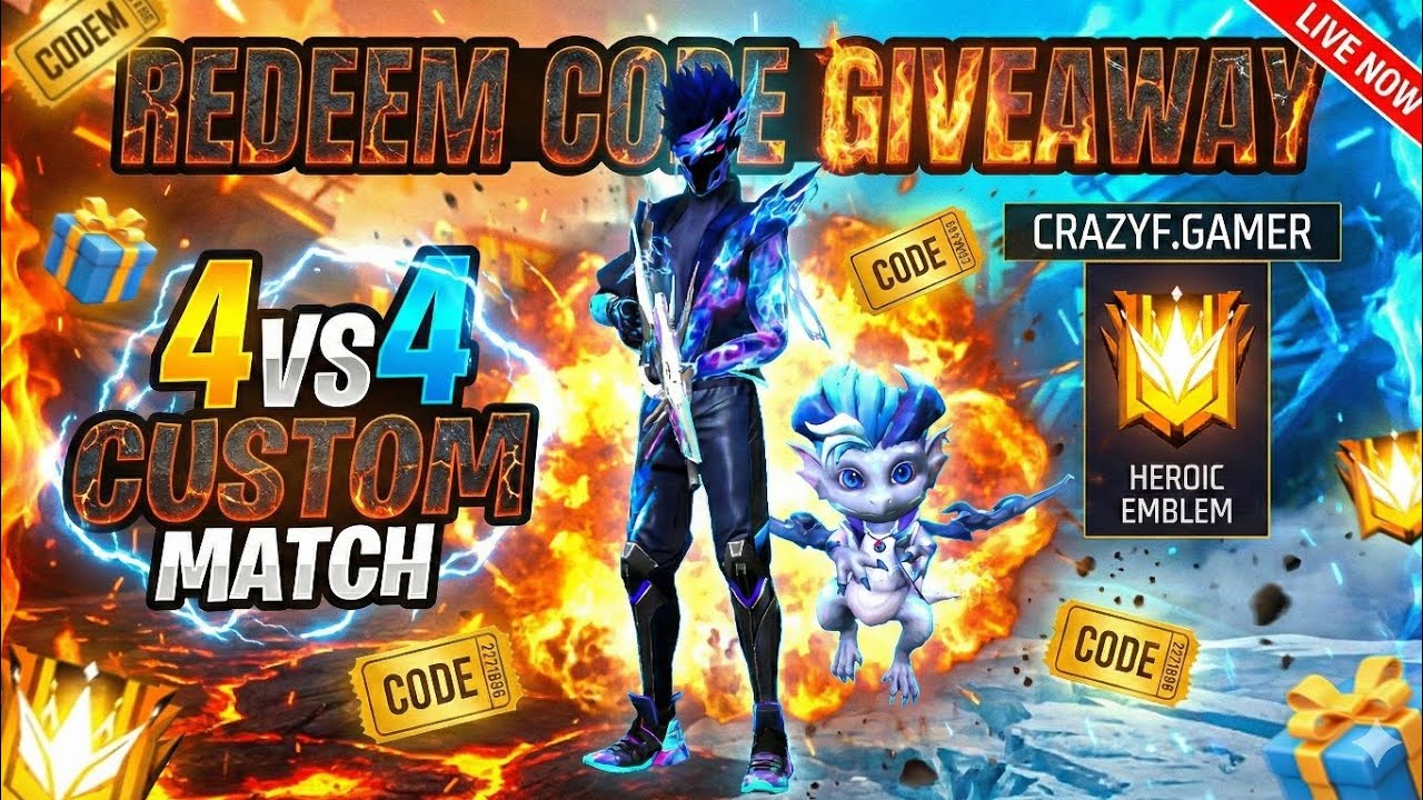 🔥 CRAZYF.GAMER 4vs4 Giveaway Live 😱 Win = ₹30 Redeem Code 💰 | Free Fire Custom Match