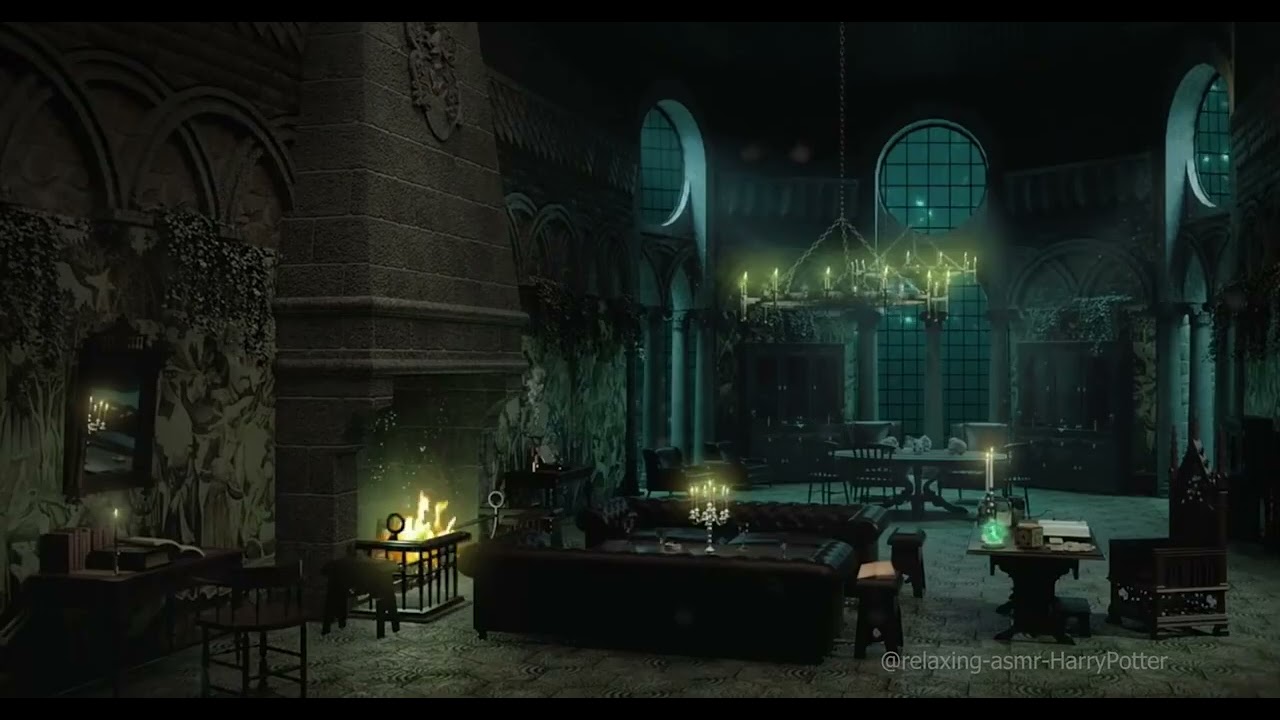 ASMR  Slytherin common room 🐍Hogwarts  Castle Ambience | Sleeping relaxing | Crackling Fire & Water