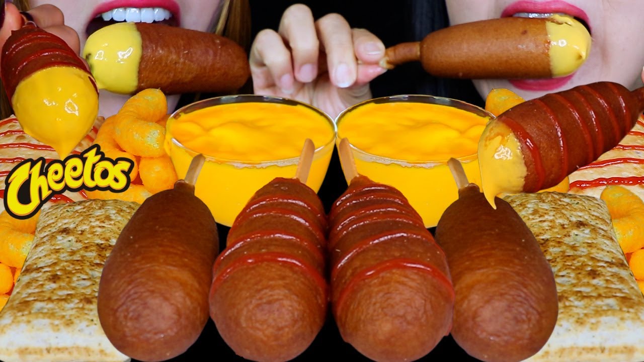 ASMR EATING CORN DOGS & CHEESE SAUCE, HOT POCKETS, CHEETOS *BIG BITES* 먹방