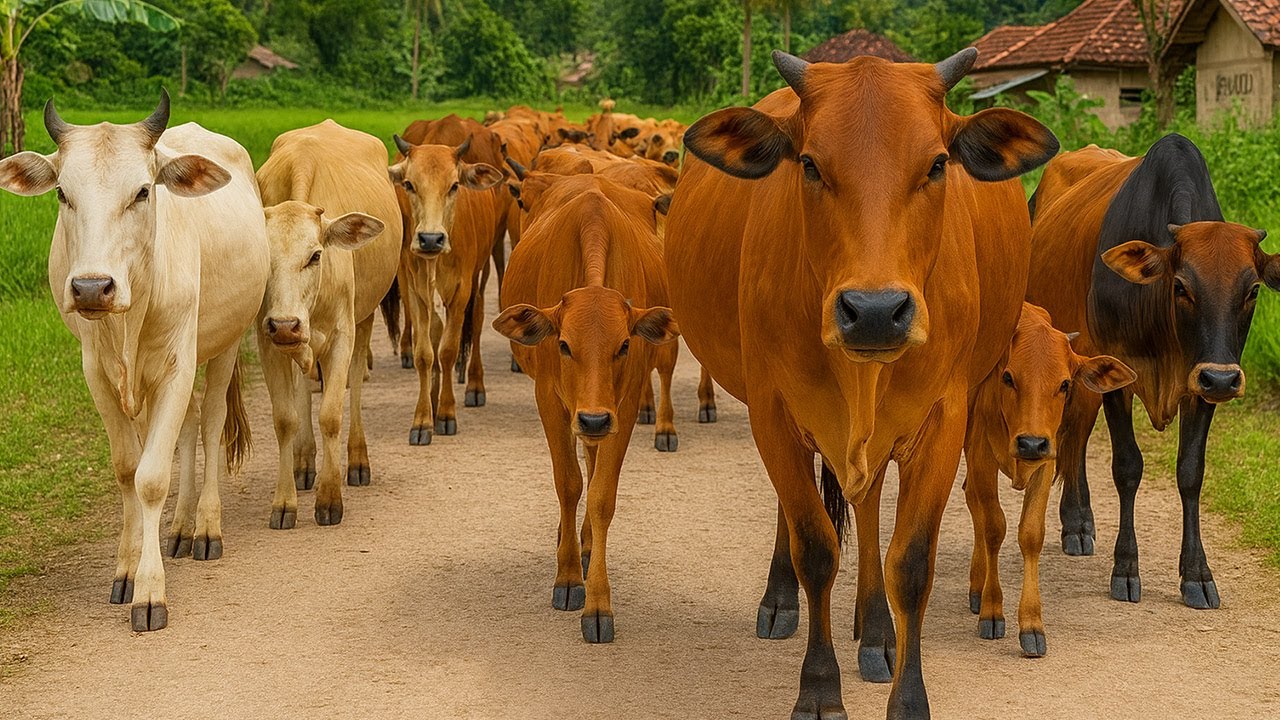 Kerumunan sapi lembu Ternak Beramai-ramai Berjalan Menuju ladang hijau, Suara Sapi Moo, Sapi Lucu