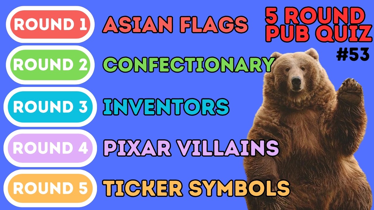 The 5 Round Pub Quiz | Asian Flags, Confectionary, Inventors, Pixar Villains & Ticker Symbols (53)