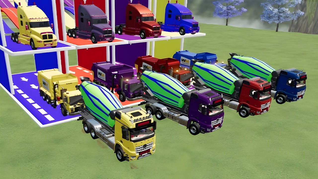 Garage with Colors - ALL MIXER TRUCK ,GARBAGE TRUCK WITH DOUBLE FLATBED TRAILER TRUCK, VOLVO,  #271
