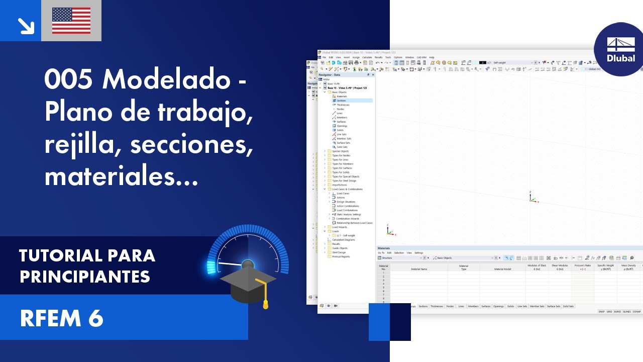 [EN] Tutorial de RFEM 6 para principiantes | 005 Modelado | Plano de trabajo | Rejilla | Seccione...