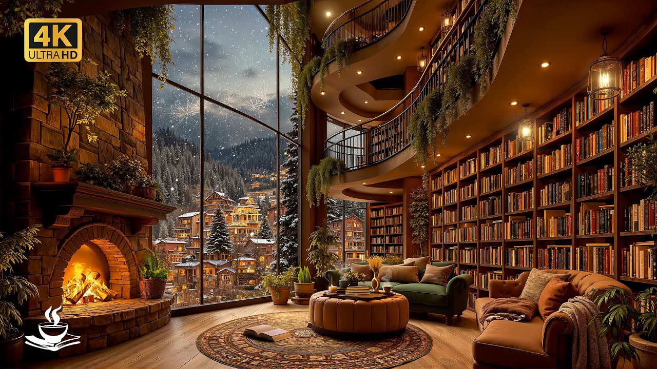 New Year Jazz Ambience Inside a Cozy Winter Library 🎇 Snowy Window Views, Fireplace & Calm Focus