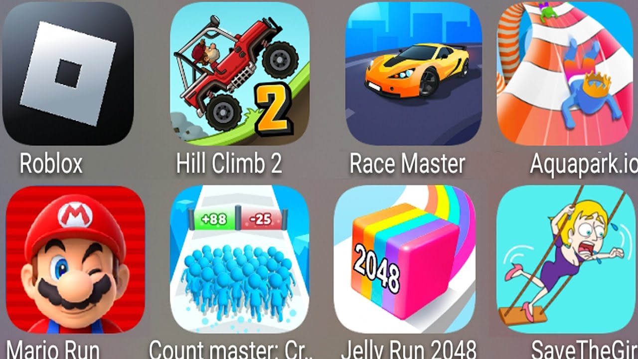 Roblox,Aquapark.io,Save The Girl,Jelly Run 2048,Count Master 3D,Mario Run,Hill Climb 2,Race Master..