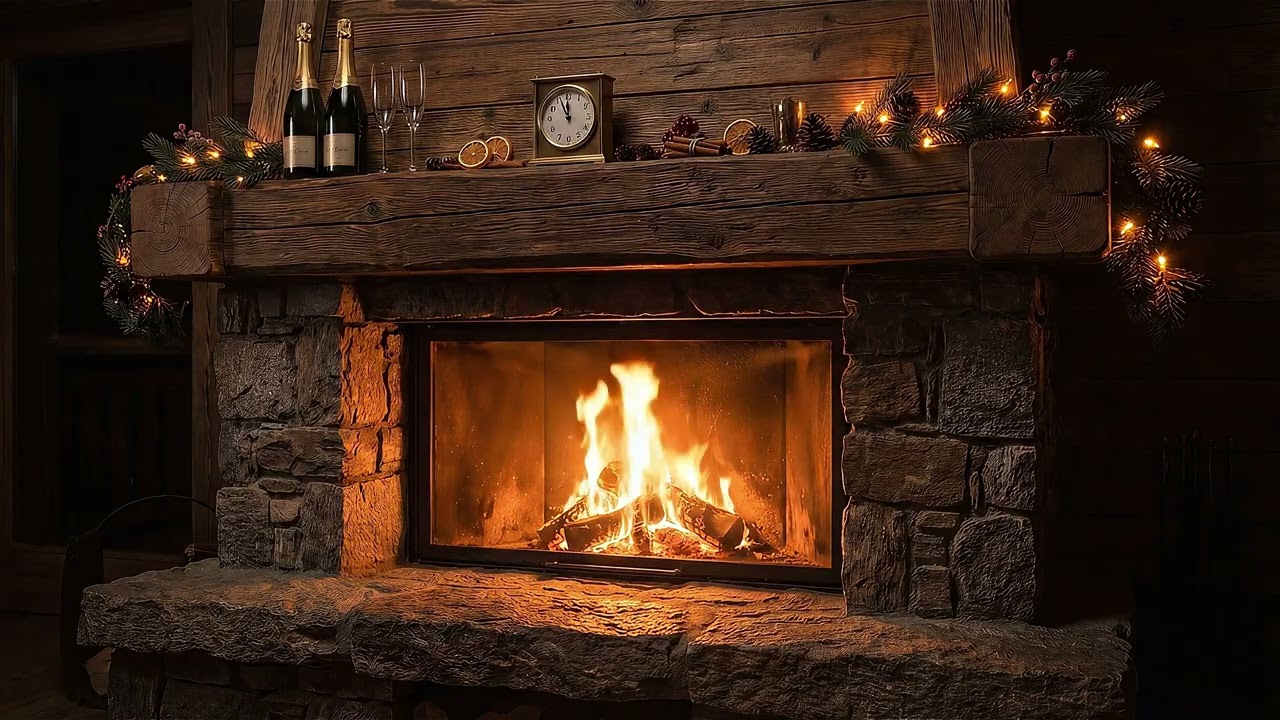 Happy New Year! – New Year’s Eve Fireplace Before Midnight, Cozy Fire & Champagne 4K