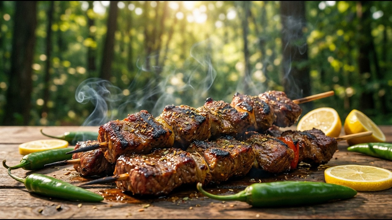 ASMR Anticuchos: Crispy Skewers Sizzling on a Fjordside Stone Grill
