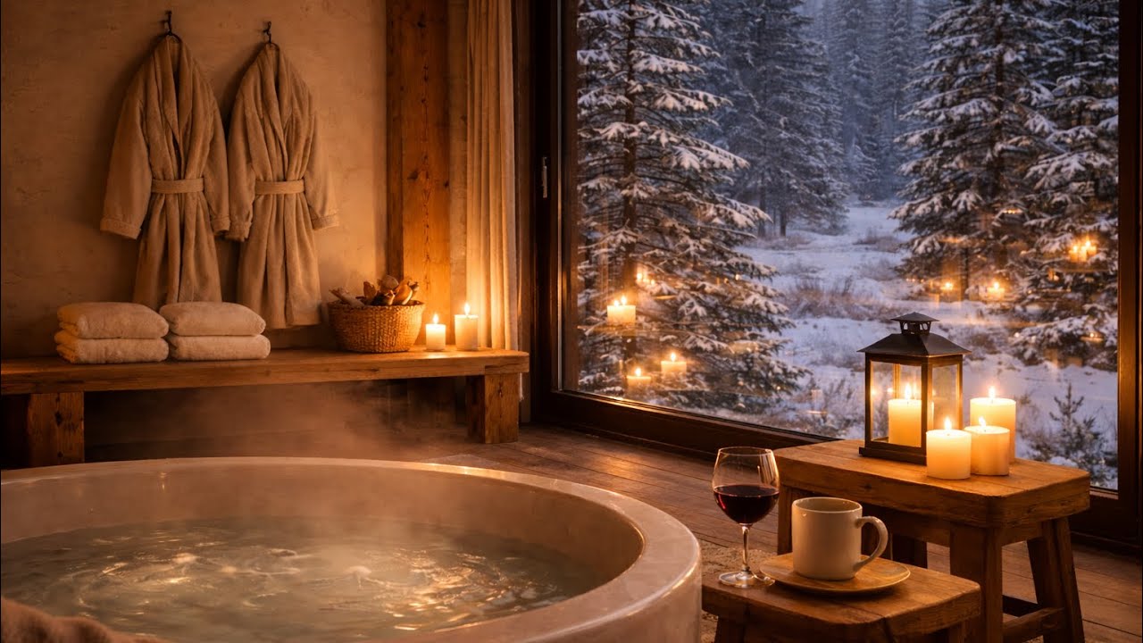 Candlelit Winter Spa ♨️ Cozy Hot Tub, Soft Steam & Quiet Night | Relax & Unwind