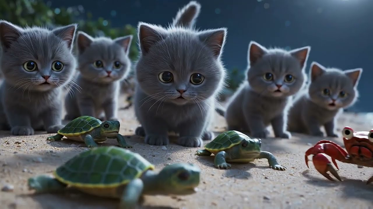 Mama Cat and Kittens Guide Baby Turtles Safely to the Sea