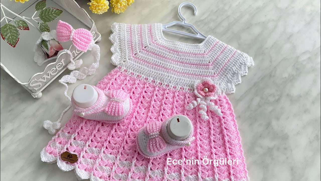 Easy Crochet Baby Dress / Kolay Pembe Çiçekli Tığ işi Bebek Elbise / 6 ay